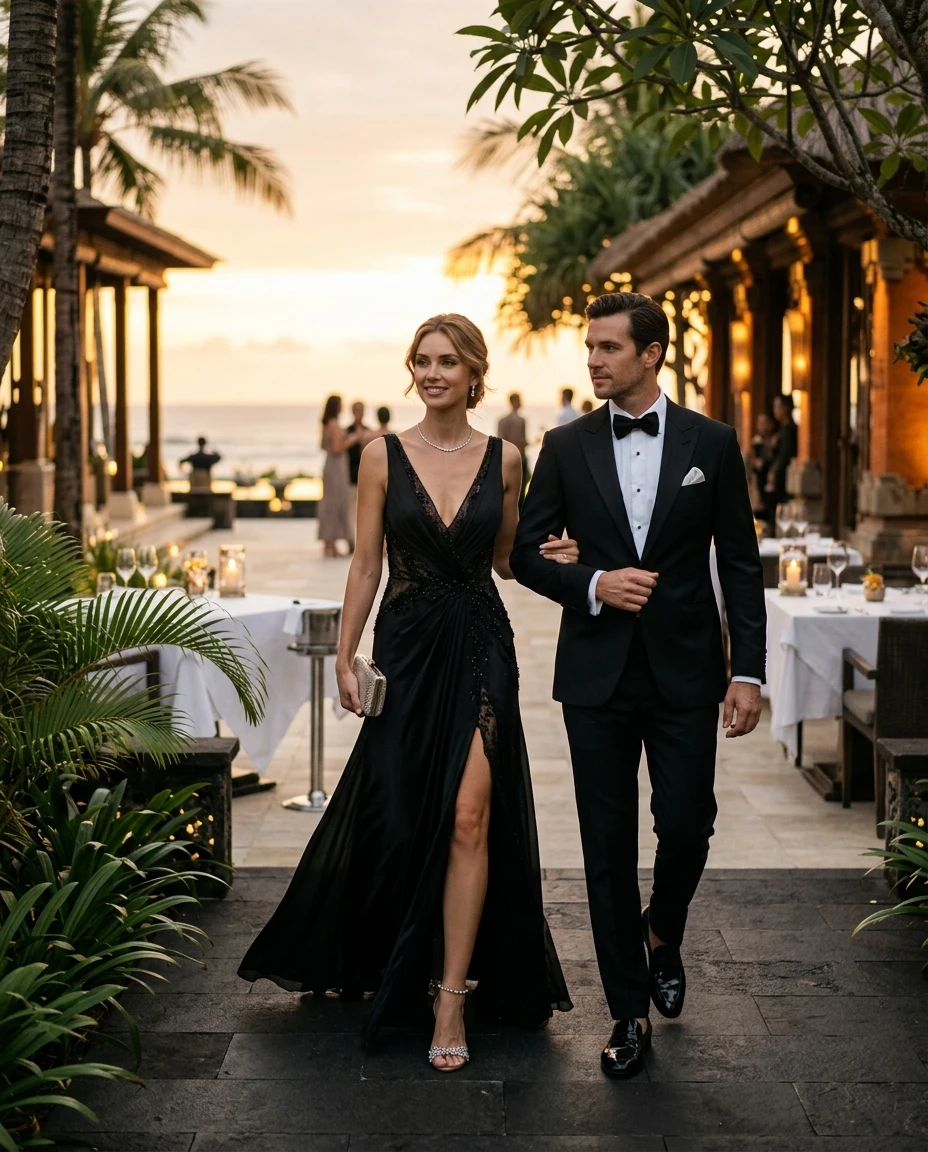 Gemma Deeks Style Guide: Black tie dinner outfit in Bali Summer 2026
