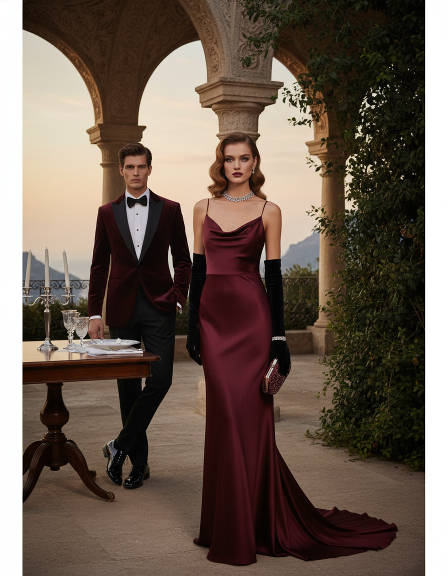 Gemma Deeks Style Guide: Black tie dinner outfit in Burgundy Summer 2026