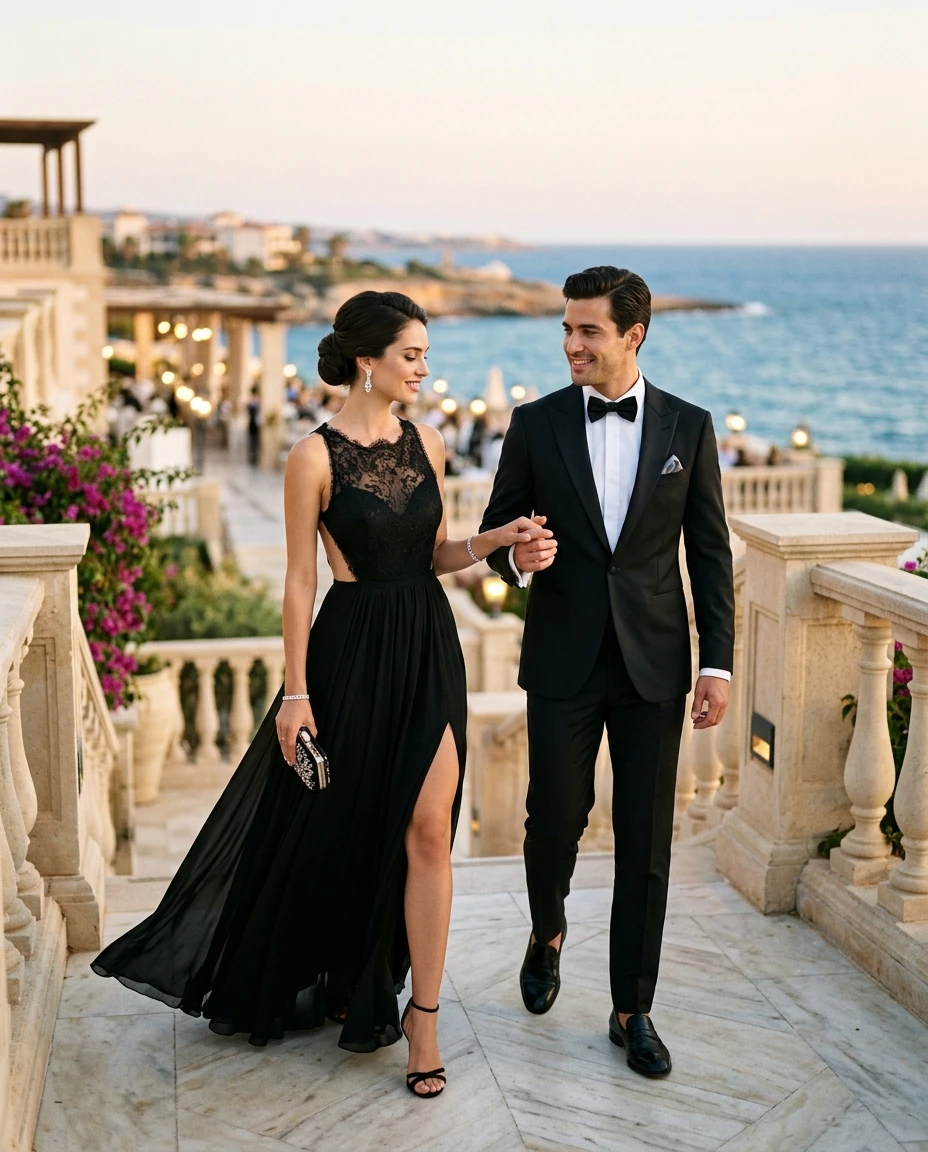 Gemma Deeks Style Guide: Black tie dinner outfit in Cyprus Summer 2026