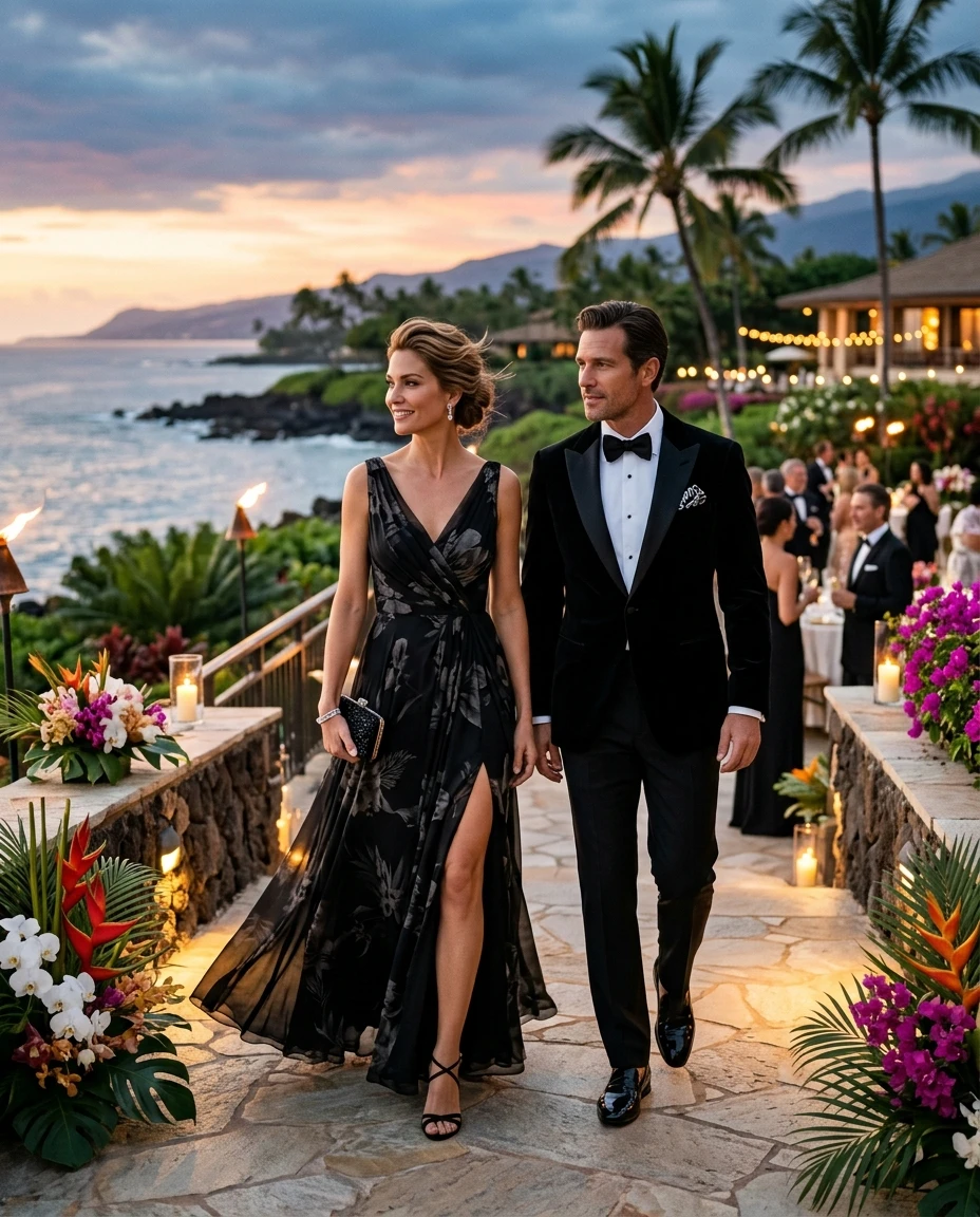 Gemma Deeks Style Guide: Black tie dinner outfit in Hawaii Summer 2026