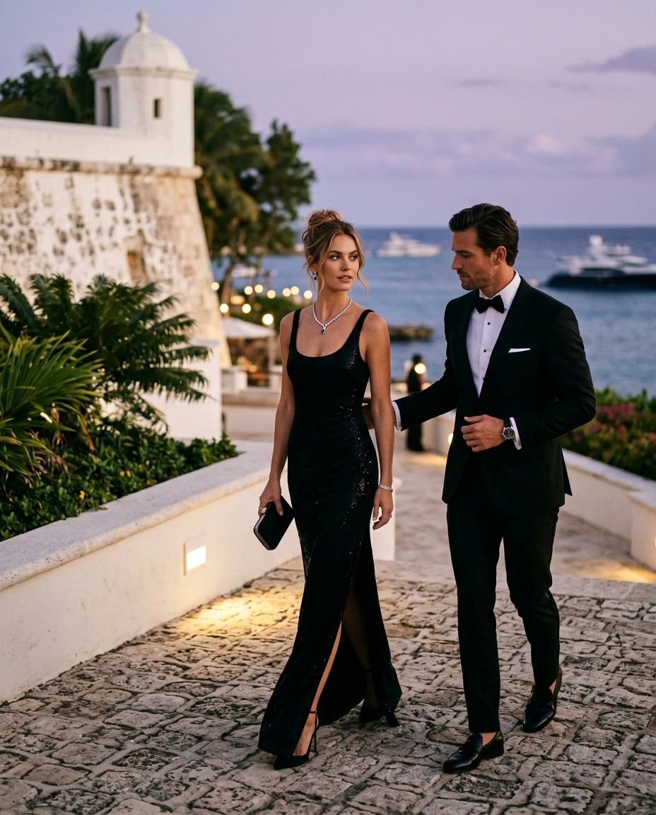 Gemma Deeks Style Guide: Black tie dinner outfit in La Romana Summer 2026