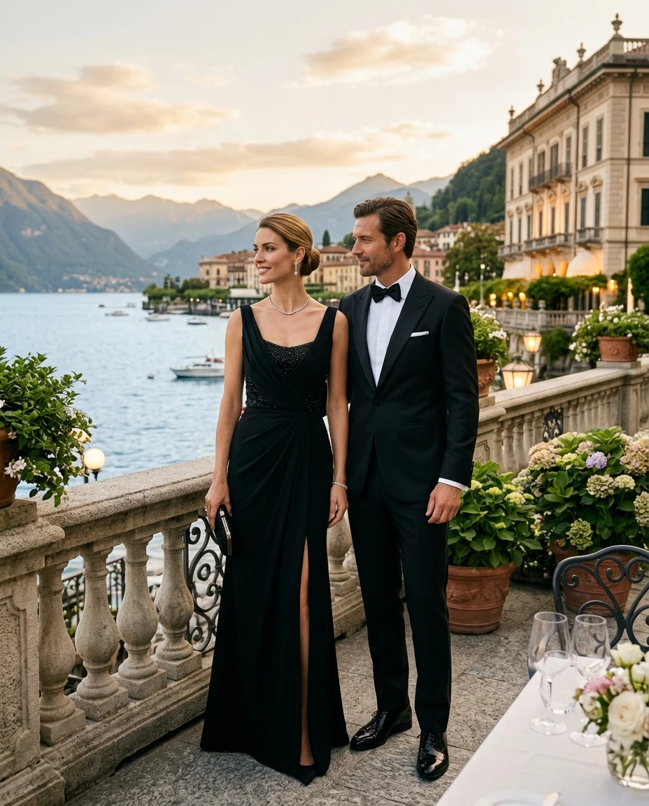 Gemma Deeks Style Guide: Black tie dinner outfit in Lake Como Summer 2026