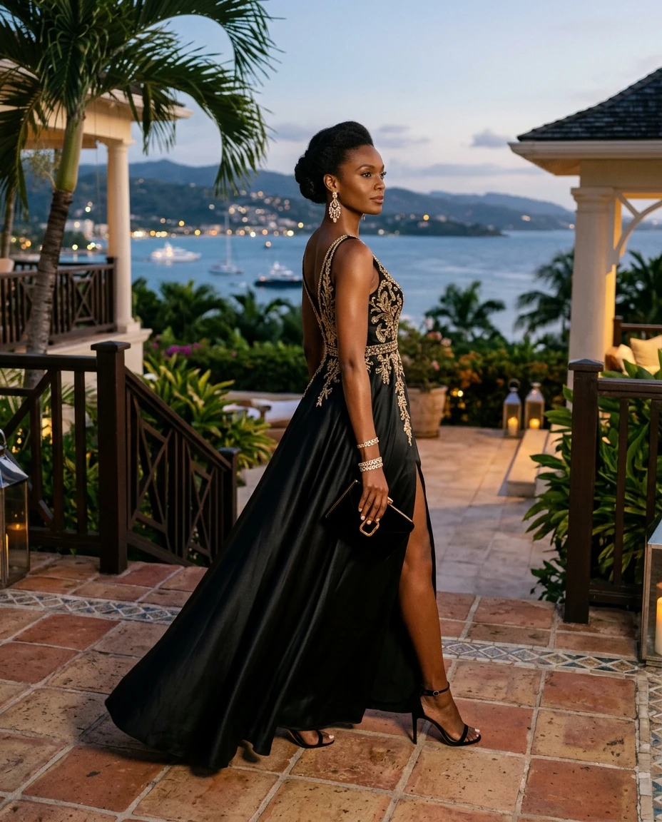 Gemma Deeks Style Guide: Black tie dinner outfit in Montego Bay Summer 2026