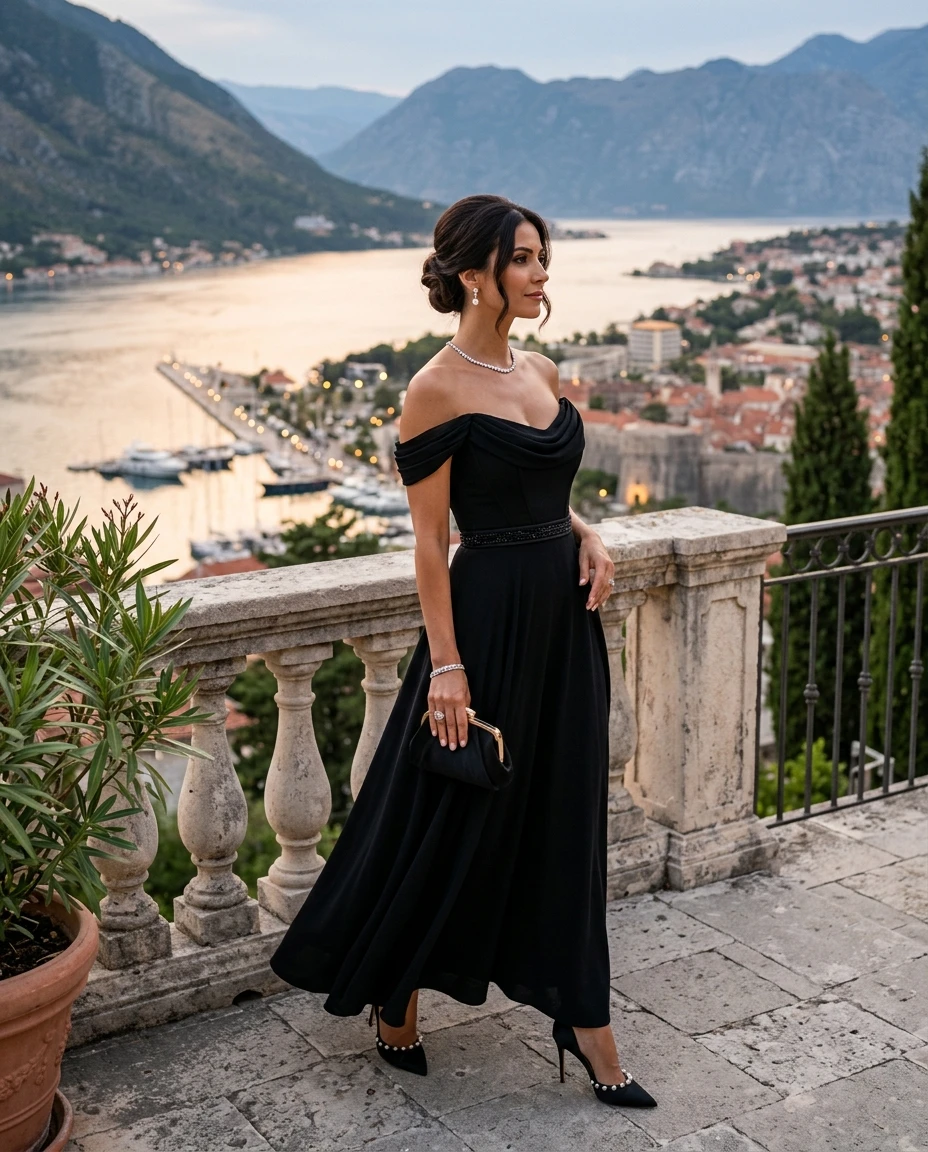 Gemma Deeks Style Guide: Black tie dinner outfit in Montenegro Summer 2026