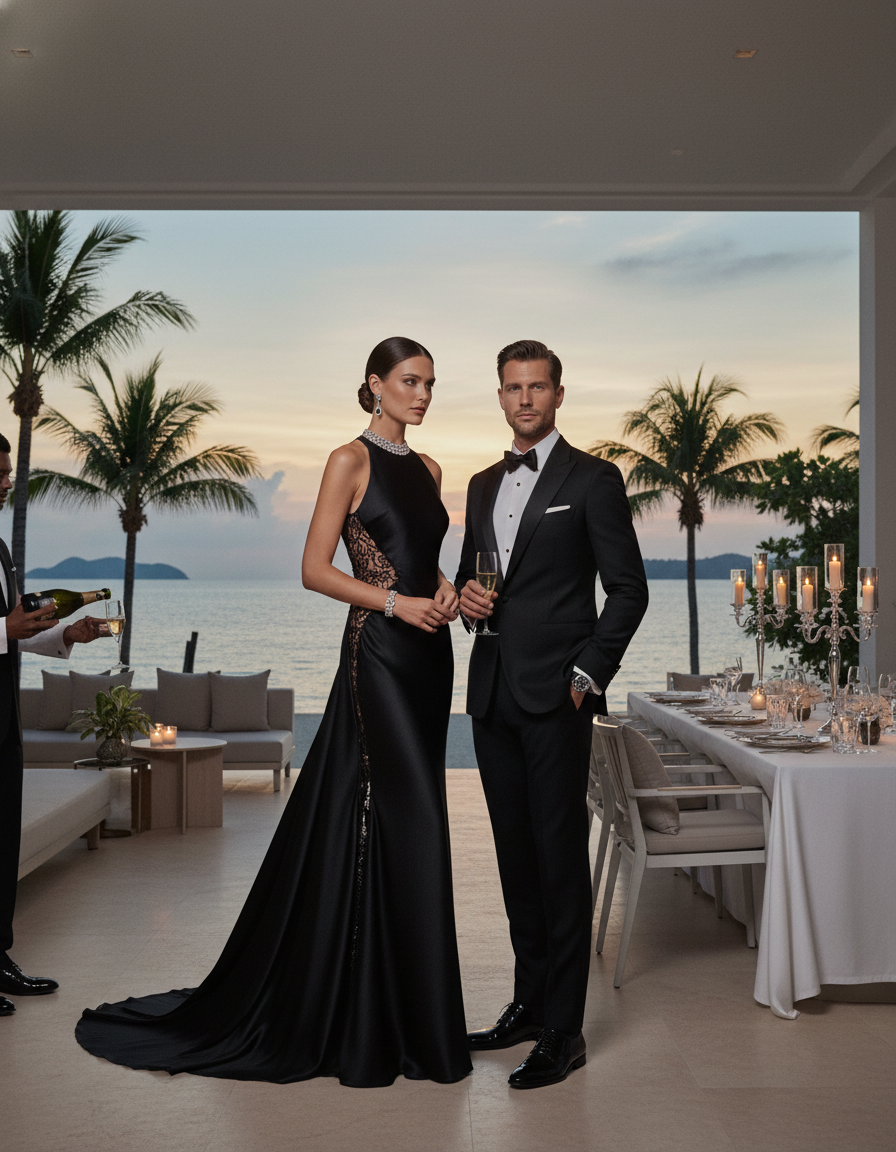 Gemma Deeks Style Guide: Black tie dinner outfit in Phuket Summer 2026