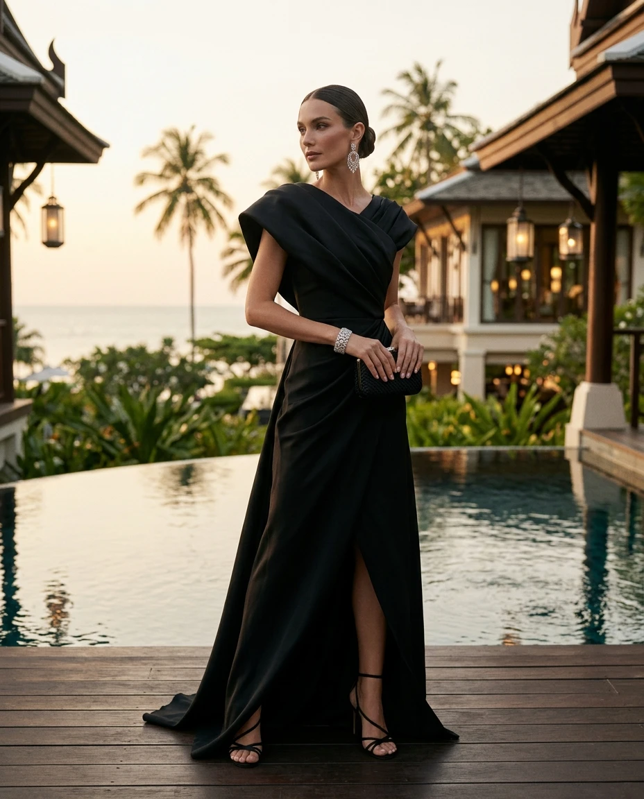 Gemma Deeks Style Guide: Black tie dinner outfit in Thailand Summer 2026