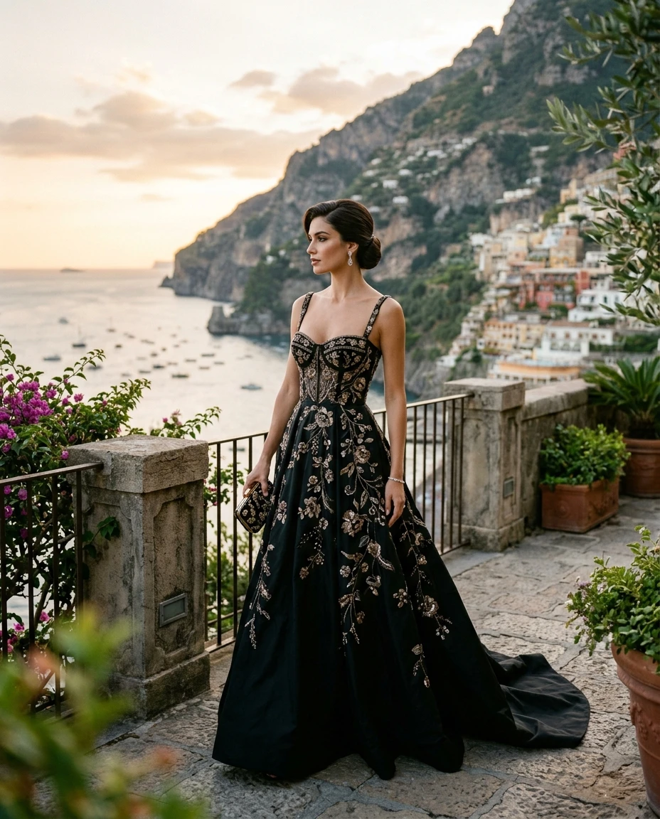 Gemma Deeks Style Guide: Black tie gala gown in Amalfi Coast Summer 2026