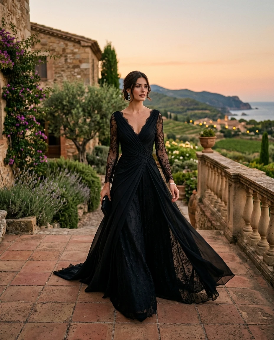 Gemma Deeks Style Guide: Black tie gala gown in Catalonia Summer 2026