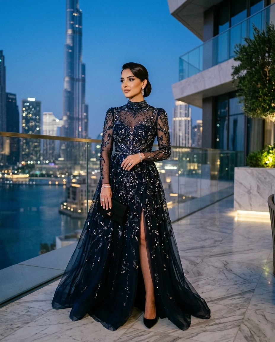 Gemma Deeks Style Guide: Black tie gala gown in Dubai Summer 2026