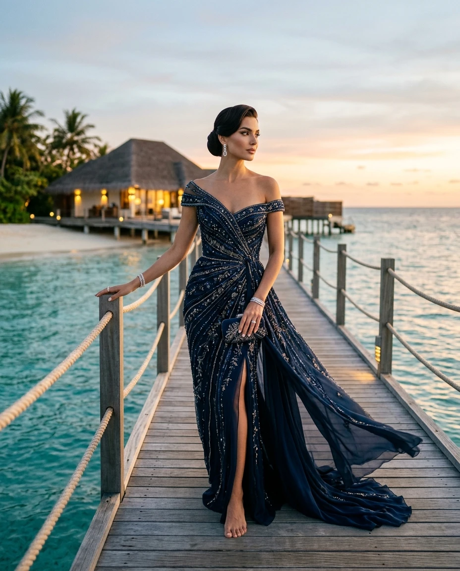 Gemma Deeks Style Guide: Black tie gala gown in Maldives Summer 2026