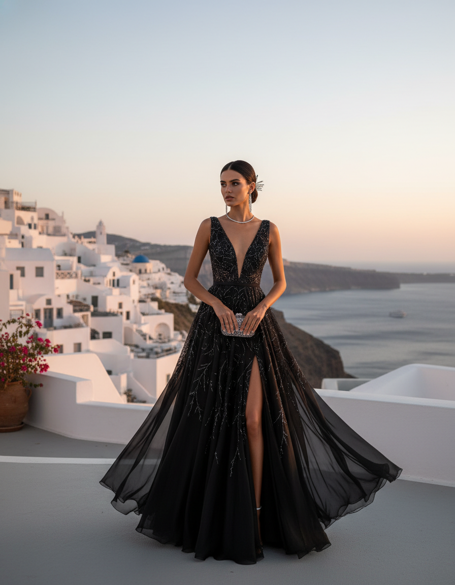 Gemma Deeks Style Guide: Black tie gala gown in Santorini Summer 2026