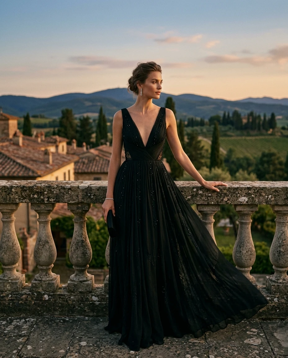 Gemma Deeks Style Guide: Black tie gala gown in Tuscany Summer 2026