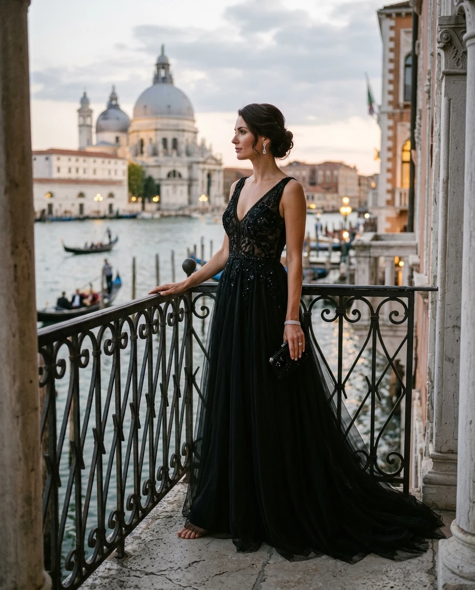 Gemma Deeks Style Guide: Black tie gala gown in Venice Summer 2026