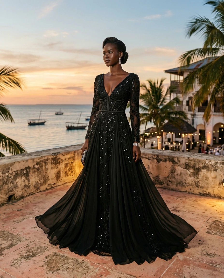 Gemma Deeks Style Guide: Black tie gala gown in Zanzibar Summer 2026