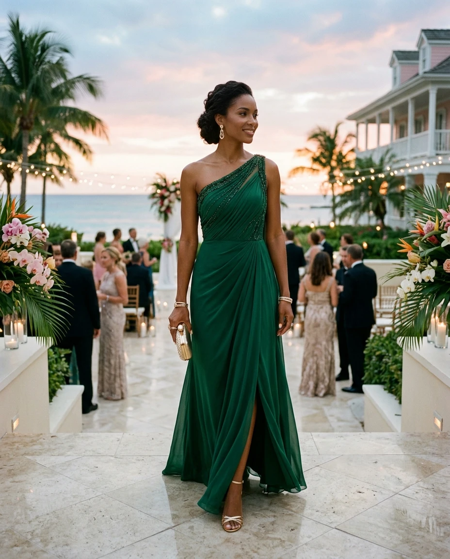 Gemma Deeks Style Guide: Black tie wedding guest dress in Bahamas Summer 2026