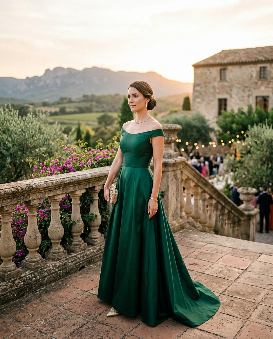 Gemma Deeks Style Guide: Black tie wedding guest dress in Catalonia Summer 2026