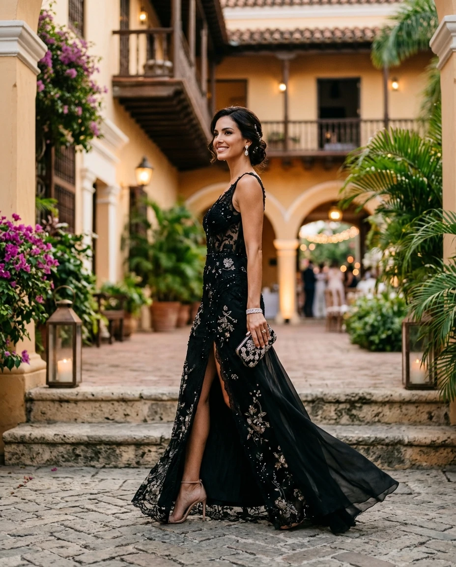 Gemma Deeks Style Guide: Black tie wedding guest dress in Colombia Summer 2026