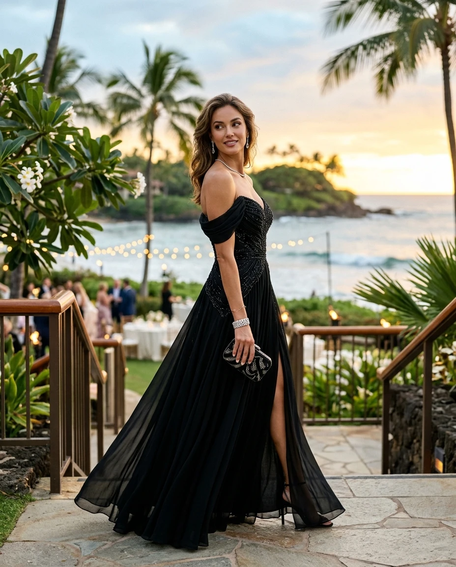 Gemma Deeks Style Guide: Black tie wedding guest dress in Hawaii Summer 2026