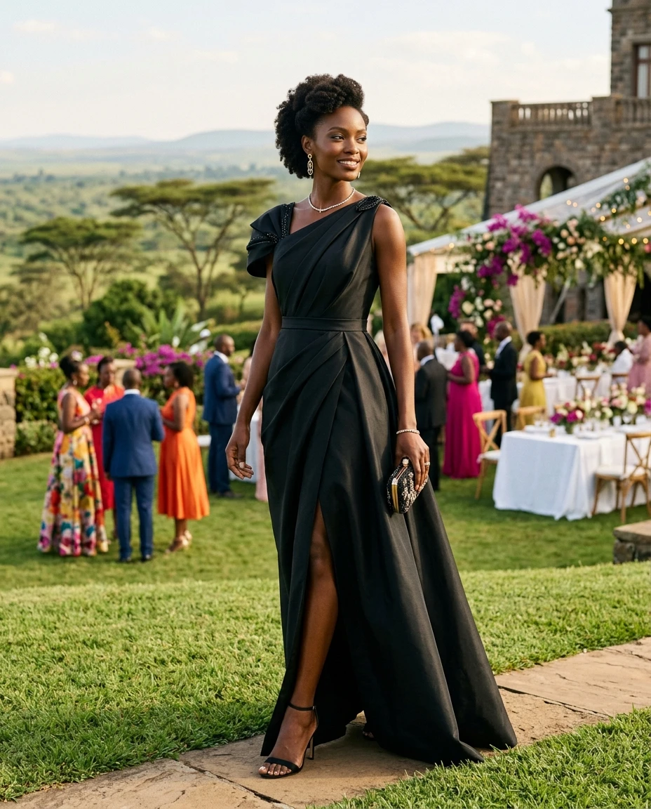 Gemma Deeks Style Guide: Black tie wedding guest dress in Kenya Summer 2026