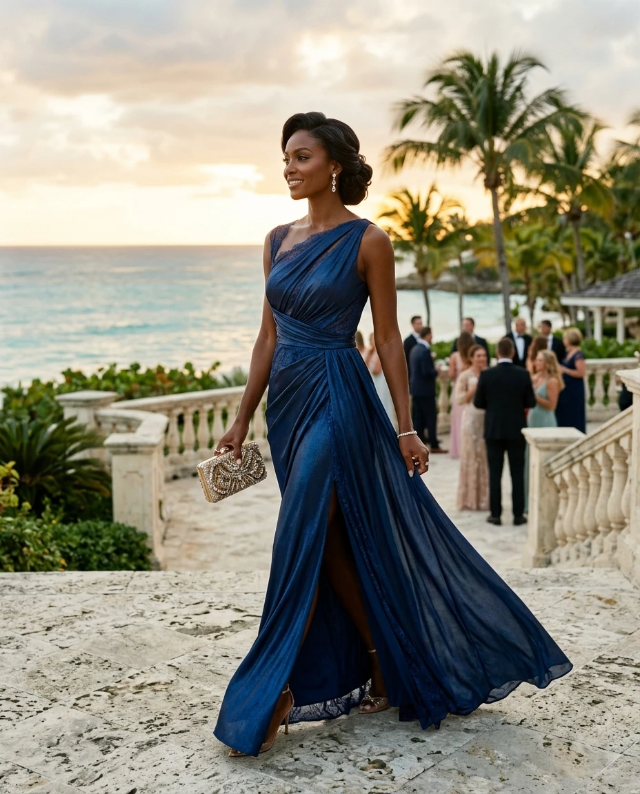 Gemma Deeks Style Guide: Black tie wedding guest dress in La Romana Summer 2026