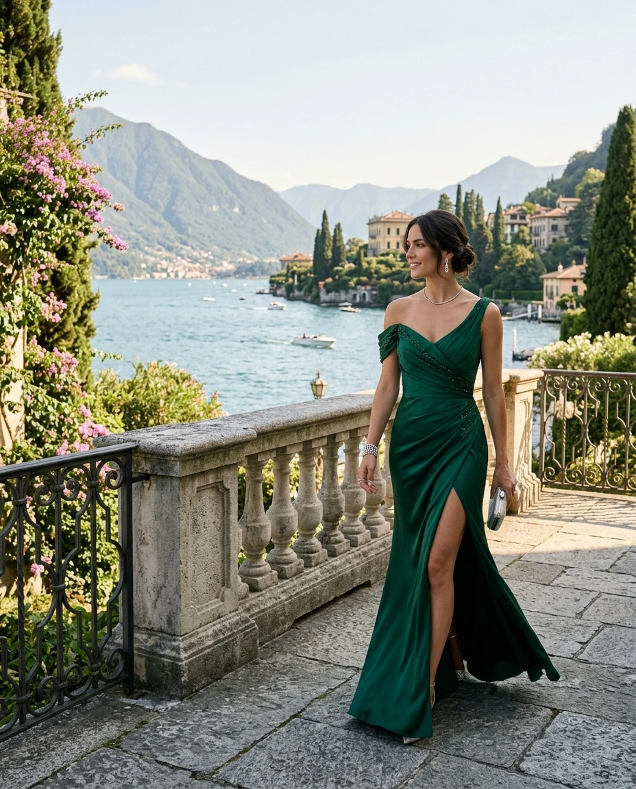 Gemma Deeks Style Guide: Black tie wedding guest dress in Lake Como Summer 2026