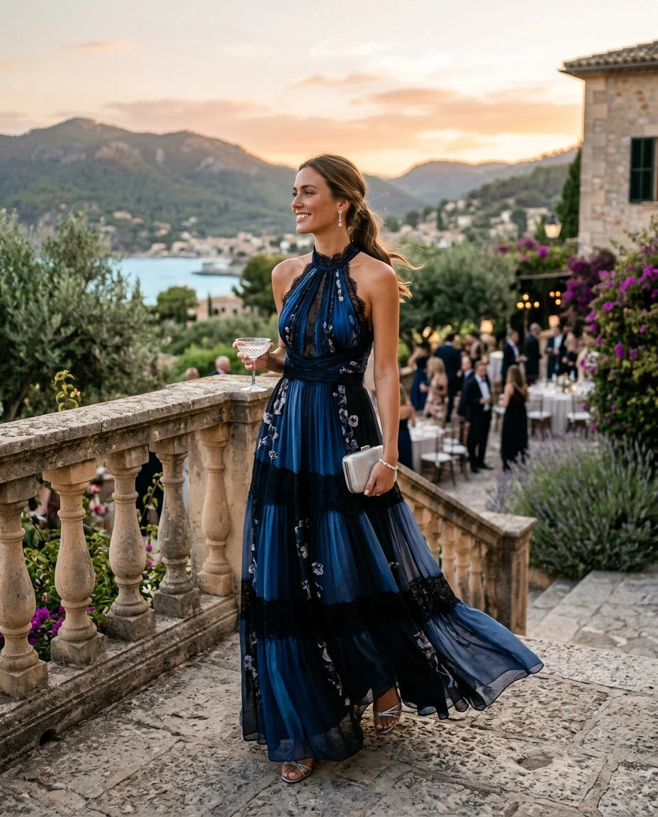 Gemma Deeks Style Guide: Black tie wedding guest dress in Majorca Summer 2026