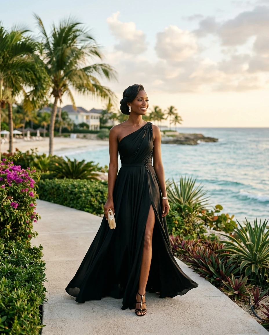 Gemma Deeks Style Guide: Black tie wedding guest dress in Montego Bay Summer 2026