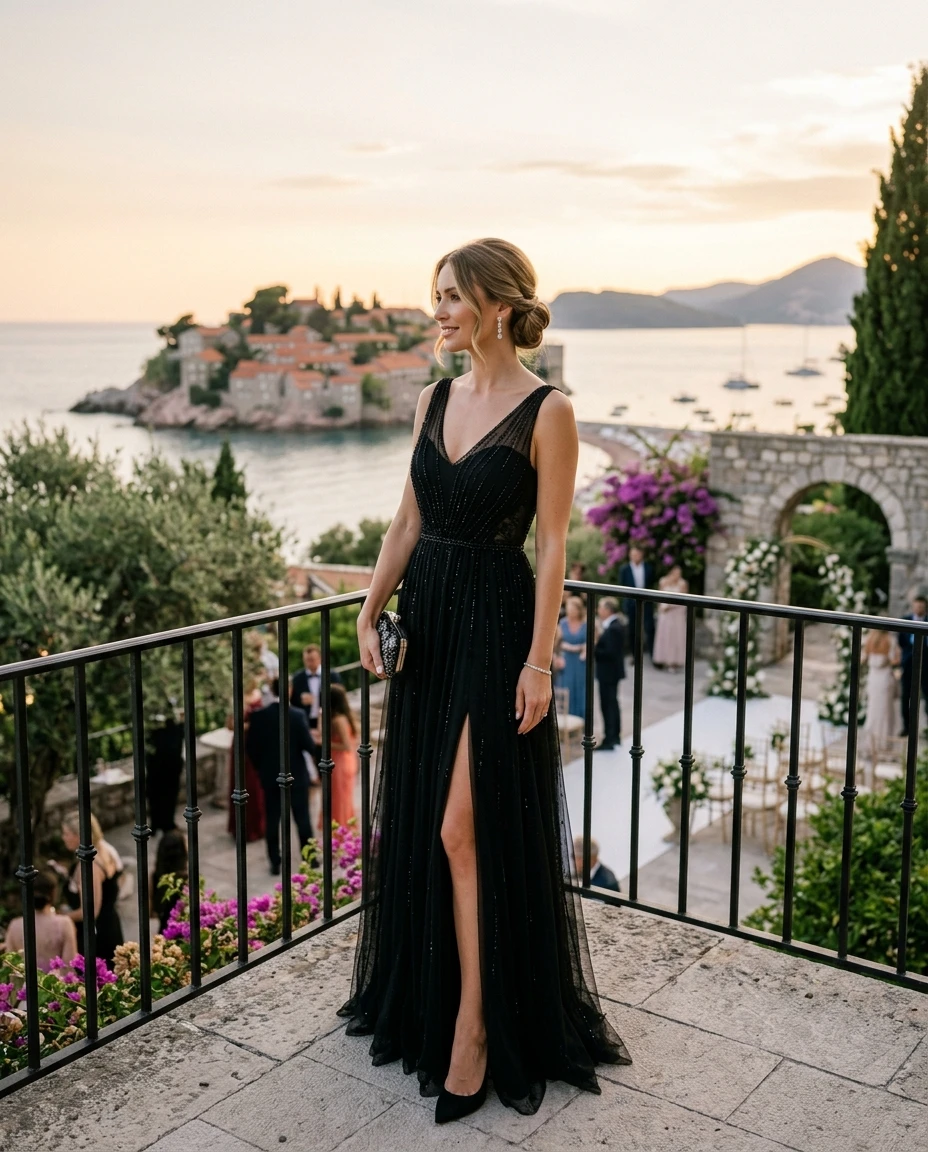 Gemma Deeks Style Guide: Black tie wedding guest dress in Montenegro Summer 2026