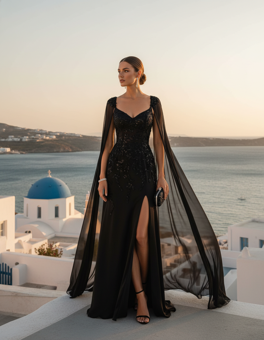 Gemma Deeks Style Guide: Black tie wedding guest dress in Mykonos Summer 2026