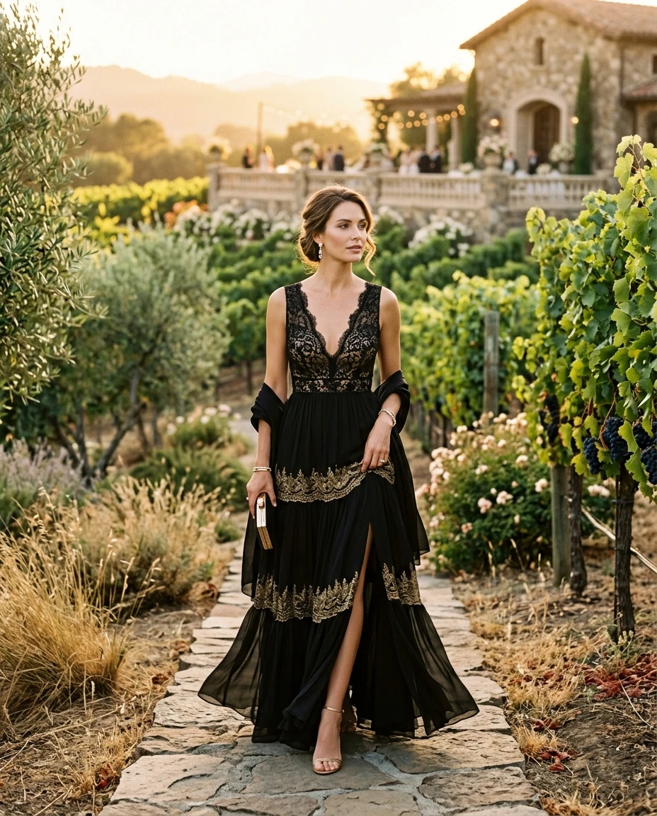 Gemma Deeks Style Guide: Black tie wedding guest dress in Napa Valley Summer 2026