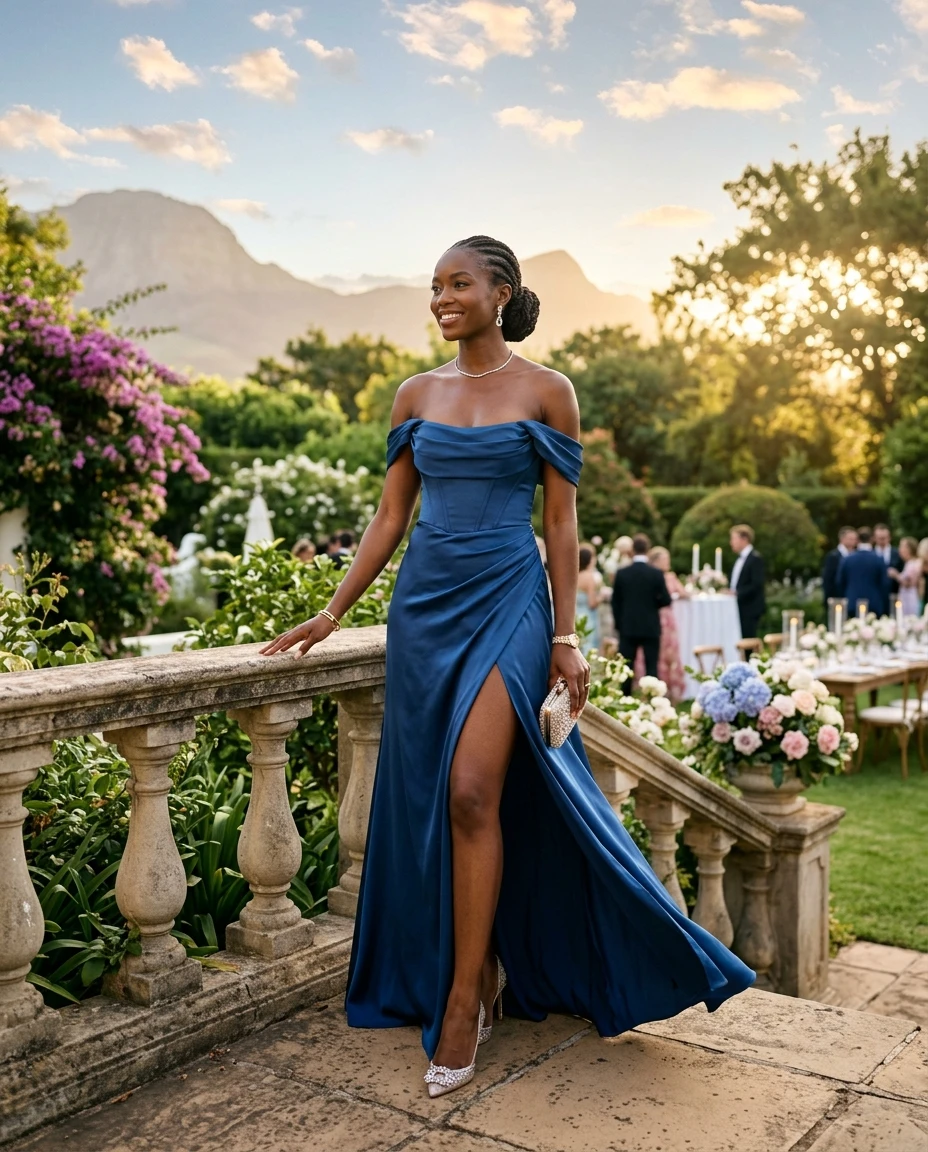 Gemma Deeks Style Guide: Black tie wedding guest dress in South Africa Summer 2026