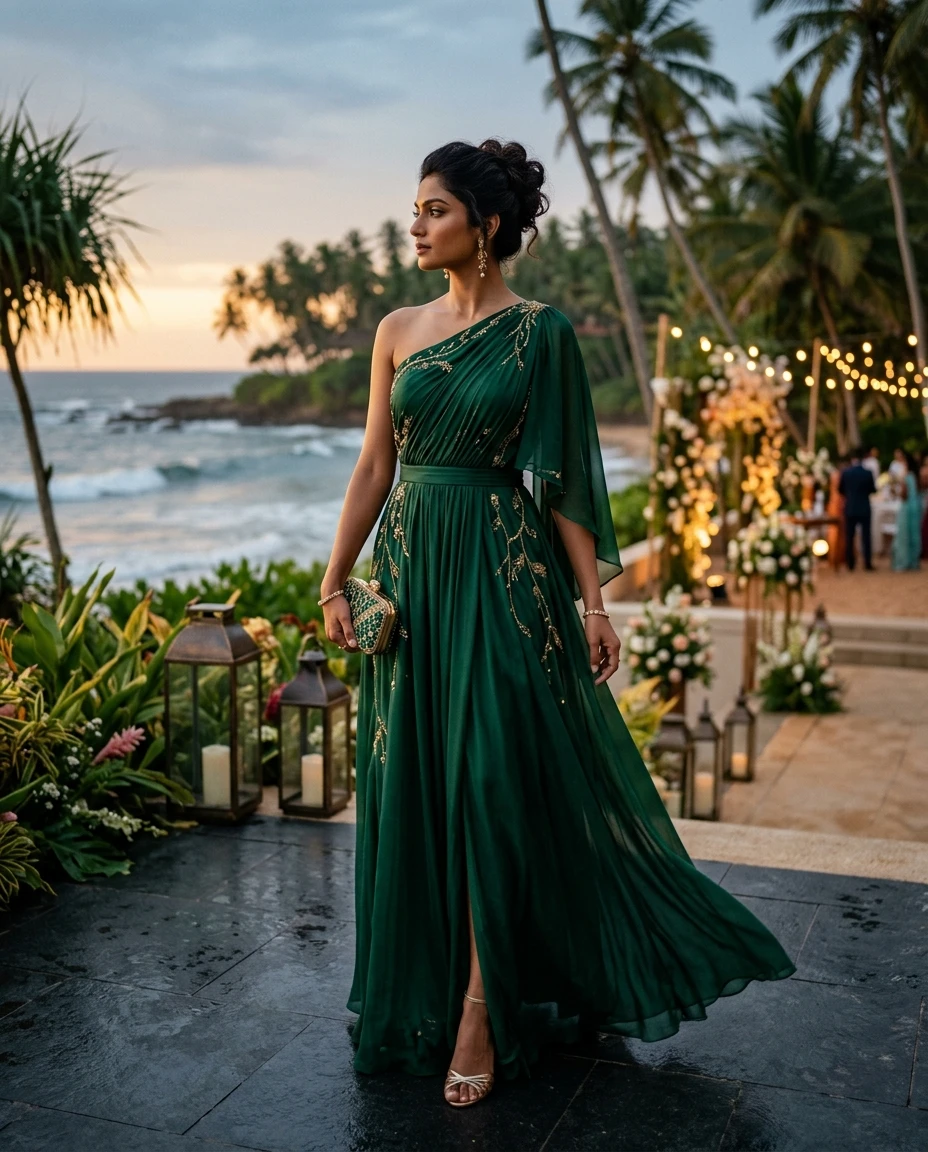 Gemma Deeks Style Guide: Black tie wedding guest dress in Sri Lanka Summer 2026