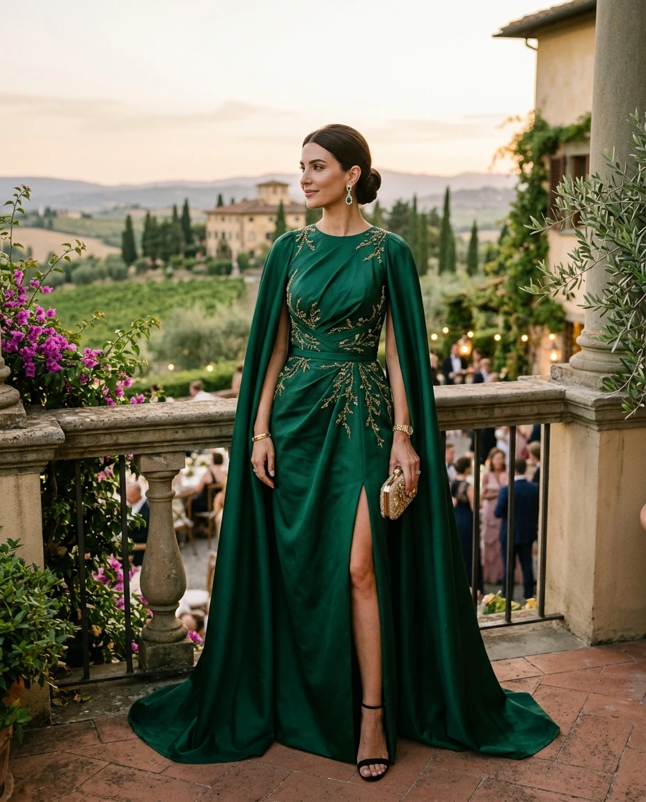 Gemma Deeks Style Guide: Black tie wedding guest dress in Tuscany Summer 2026