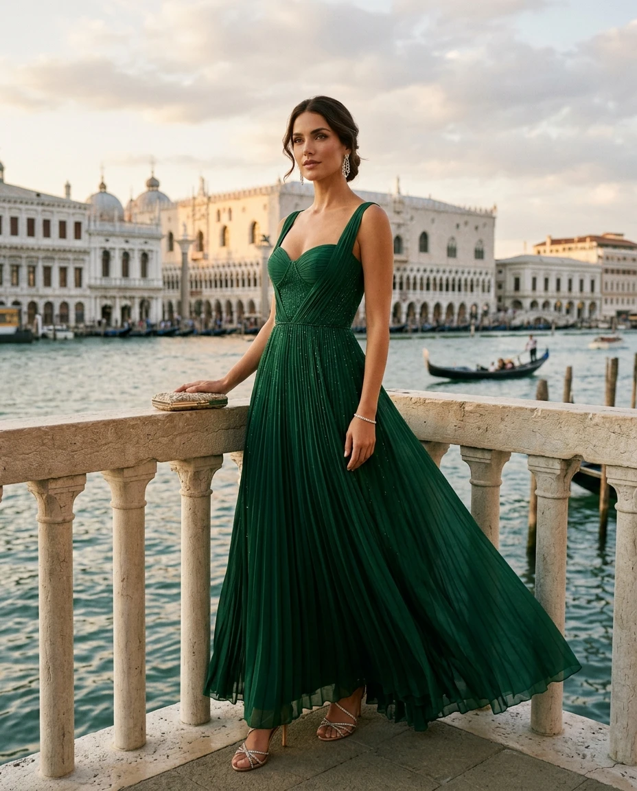 Gemma Deeks Style Guide: Black tie wedding guest dress in Venice Summer 2026