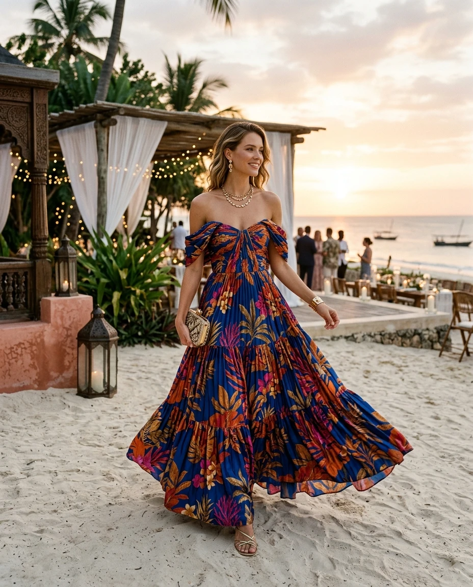Gemma Deeks Style Guide: Black tie wedding guest dress in Zanzibar Summer 2026