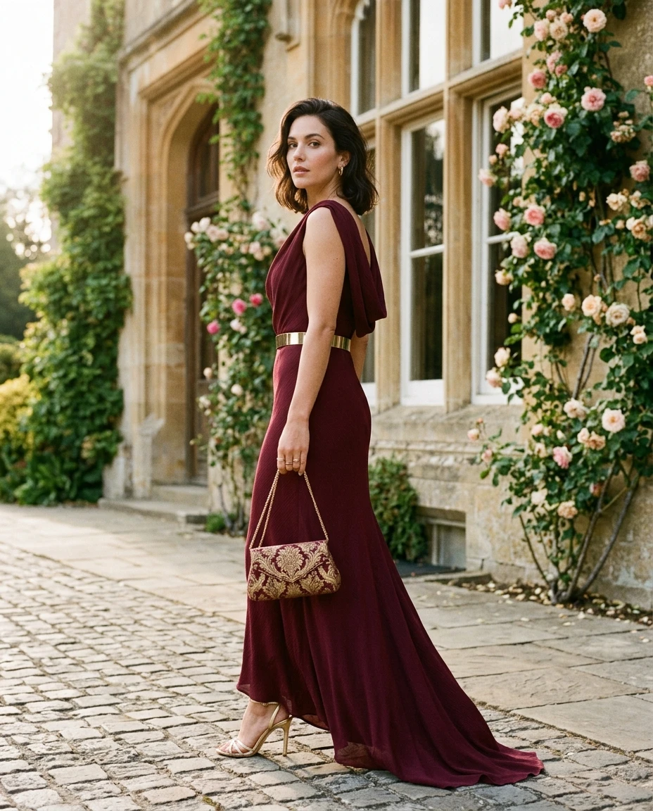 Gemma Deeks Style Guide: Cocktail Attire Anniversary in Burgundy Summer 2026