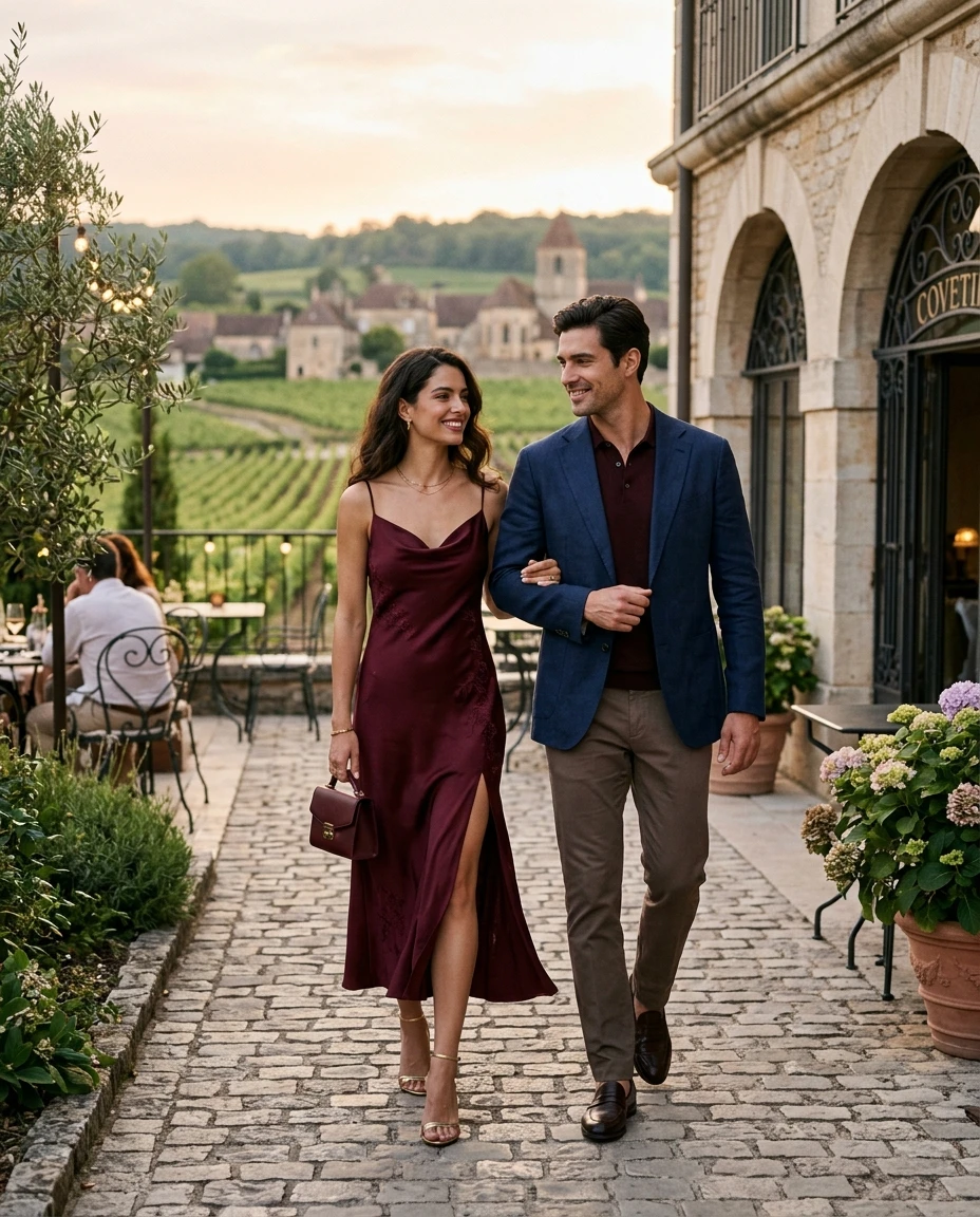 Gemma Deeks Style Guide: Cocktail Attire Date night in Burgundy Summer 2026