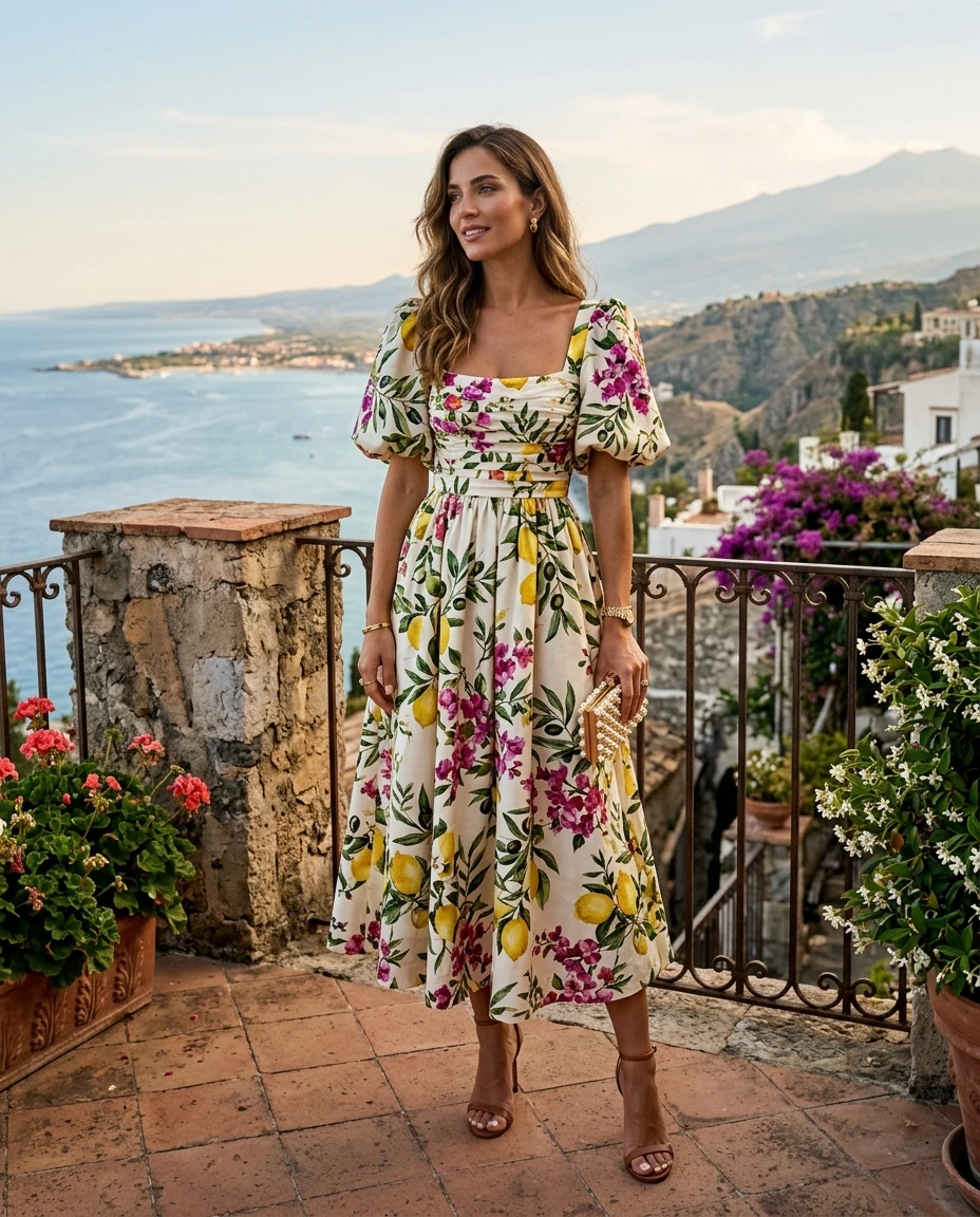 Gemma Deeks Style Guide: Cocktail Attire Designer Summer Dresses in Sicily Summer 2026