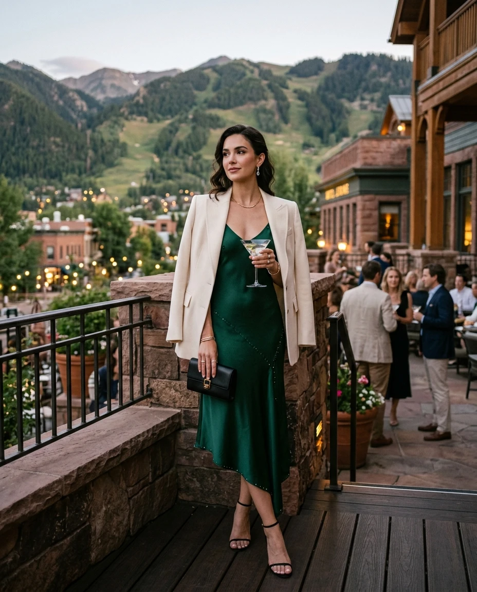 Gemma Deeks Style Guide: Cocktail Attire dinner outfit in Aspen Summer 2026