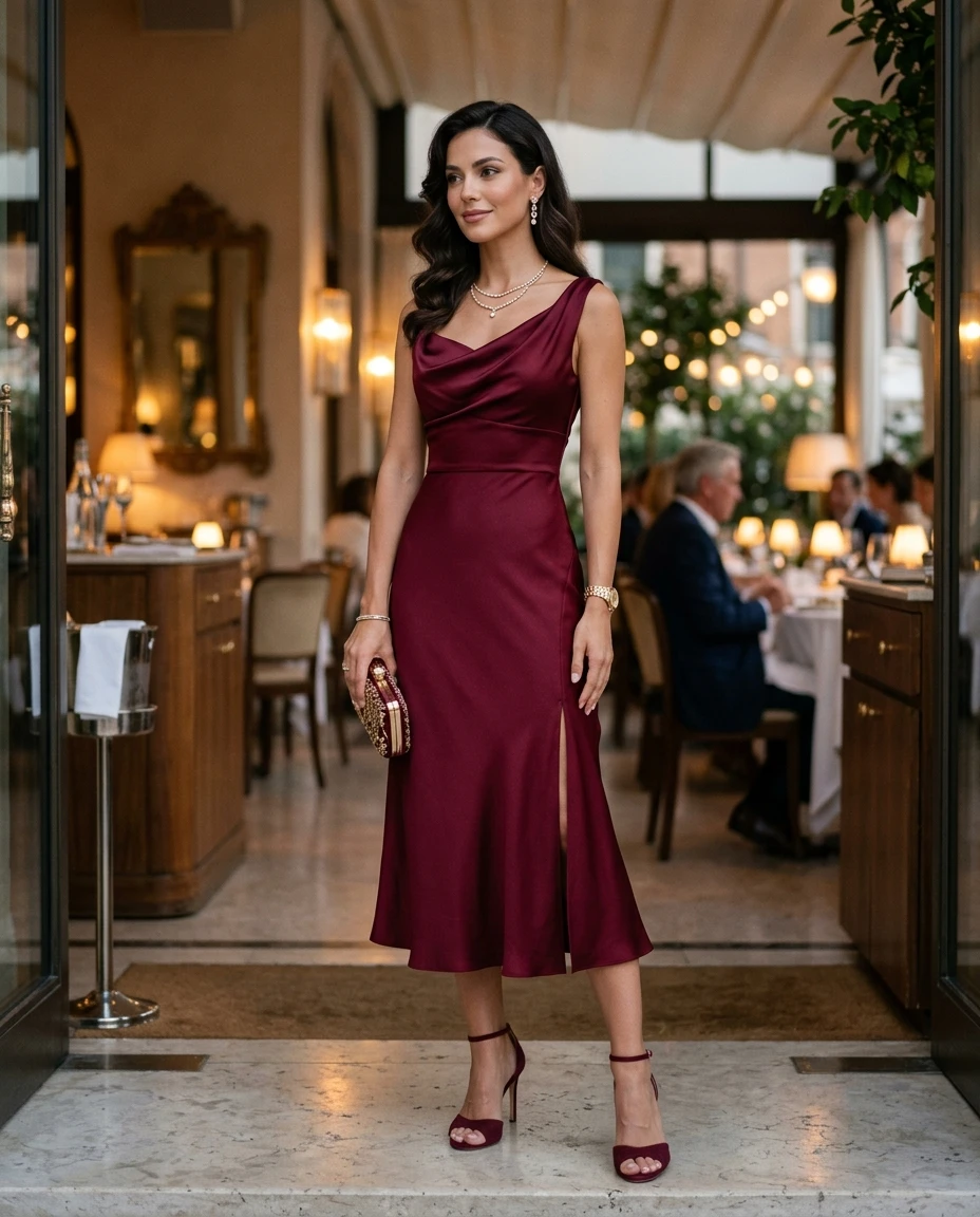 Gemma Deeks Style Guide: Cocktail Attire dinner outfit in Burgundy Summer 2026