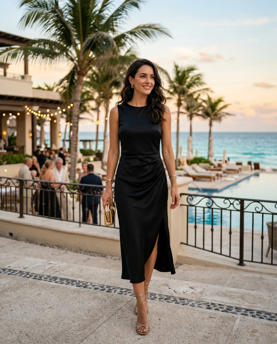 Gemma Deeks Style Guide: Cocktail Attire dinner outfit in Cancun Summer 2026