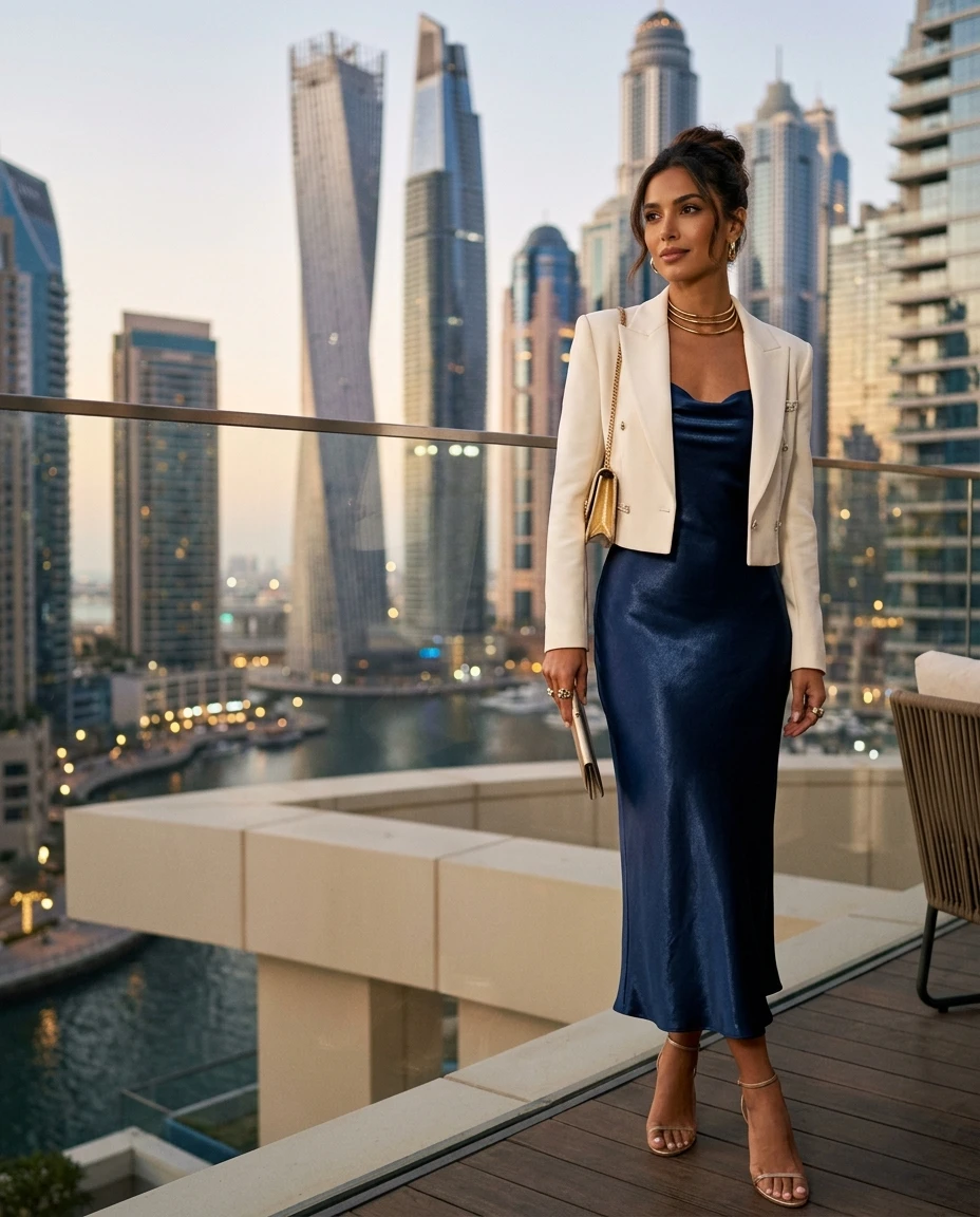 Gemma Deeks Style Guide: Cocktail Attire dinner outfit in Dubai Summer 2026