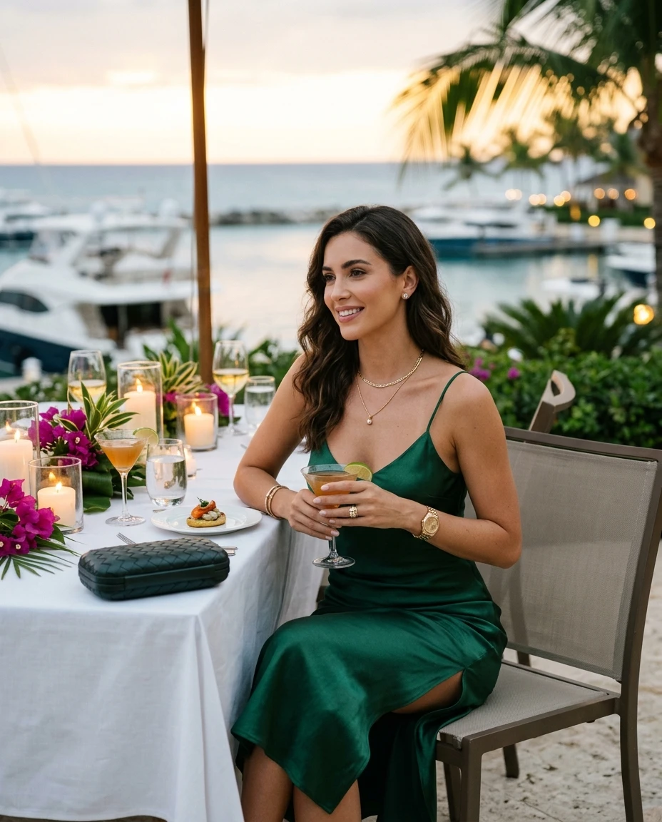 Gemma Deeks Style Guide: Cocktail Attire dinner outfit in La Romana Summer 2026