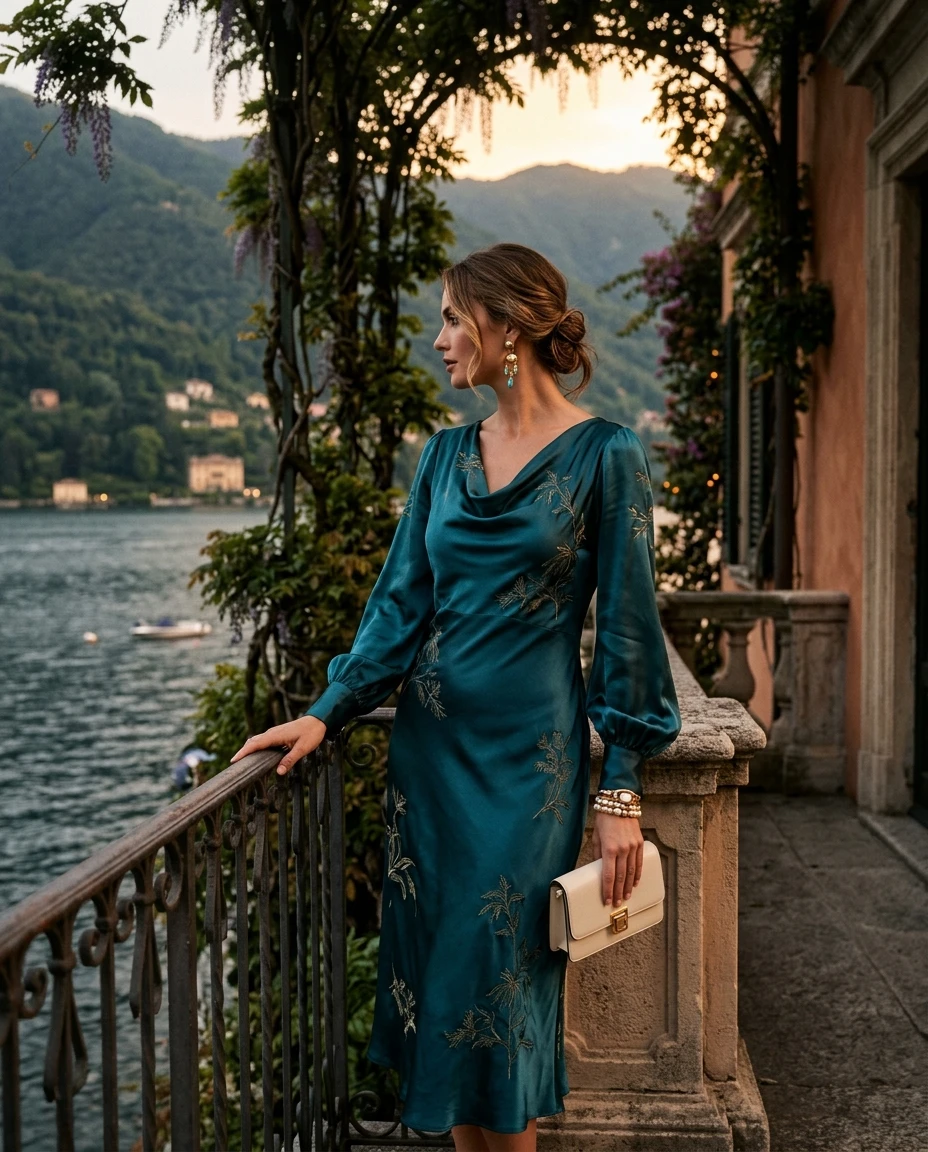 Gemma Deeks Style Guide: Cocktail Attire dinner outfit in Lake Como Summer 2026