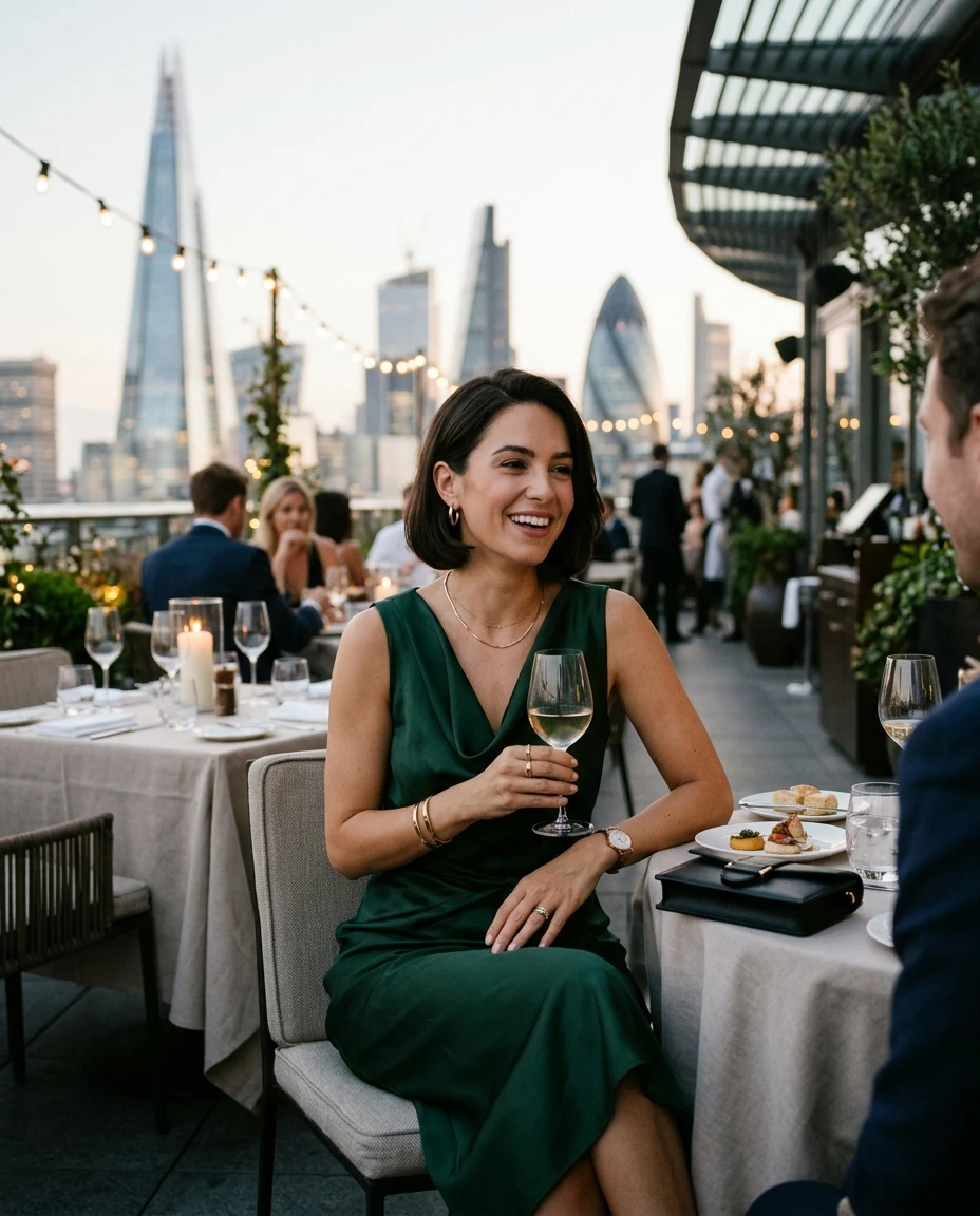 Gemma Deeks Style Guide: Cocktail Attire dinner outfit in London Summer 2026