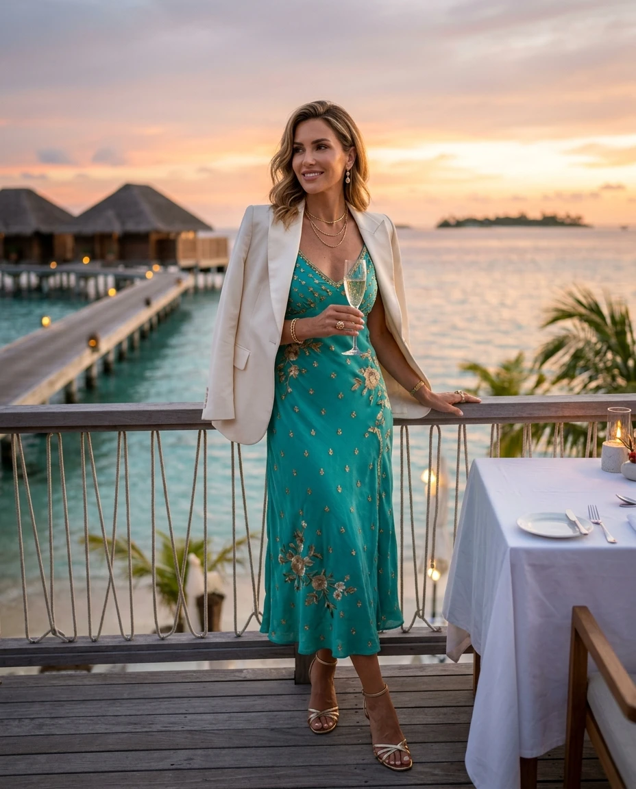 Gemma Deeks Style Guide: Cocktail Attire dinner outfit in Maldives Summer 2026