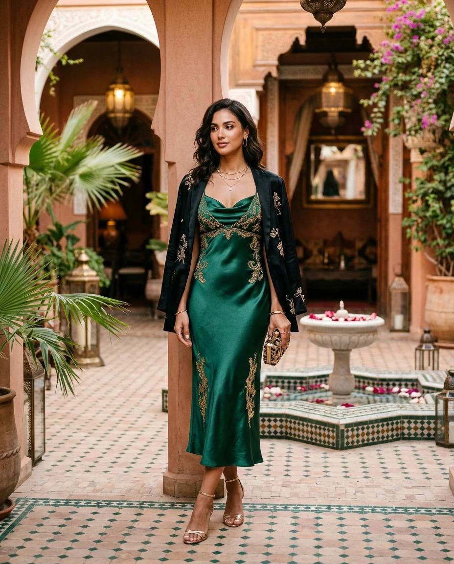 Gemma Deeks Style Guide: Cocktail Attire dinner outfit in Marrakech Summer 2026