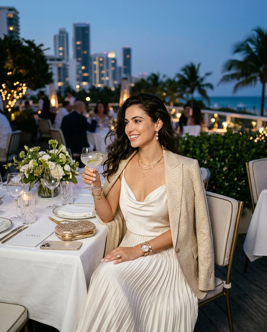 Gemma Deeks Style Guide: Cocktail Attire dinner outfit in Miami Summer 2026