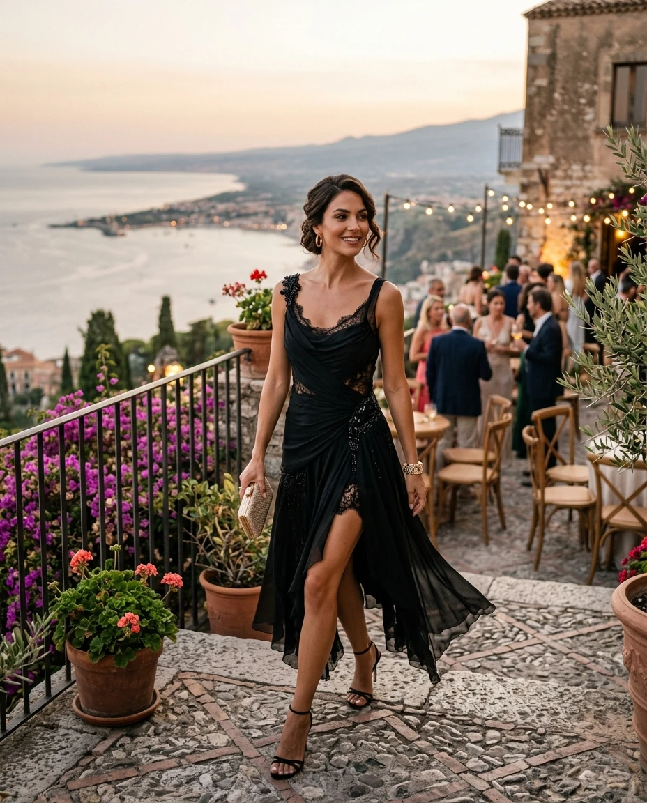 Gemma Deeks Style Guide: Cocktail Attire dinner outfit in Sicily Summer 2026