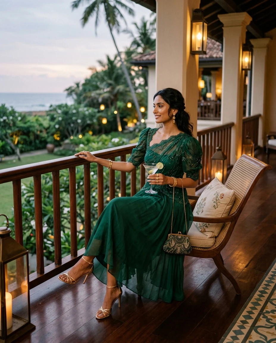 Gemma Deeks Style Guide: Cocktail Attire dinner outfit in Sri Lanka Summer 2026